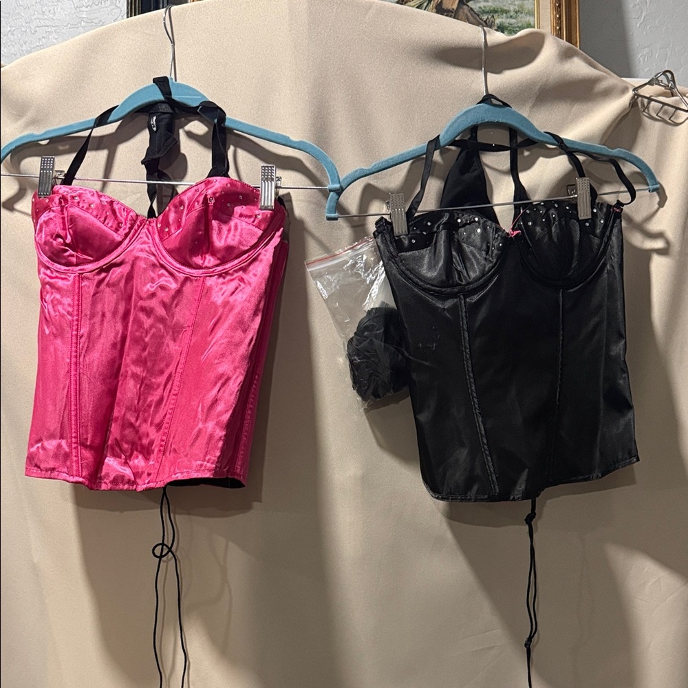 Reversible Pink/Black  Satin Bustier Corset Top w/ thong